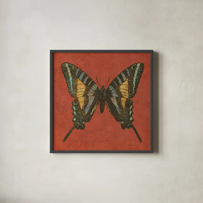 Cranberry Butterfly by Katie Pertiet. Shown in a sleek black glass frame for a contemporary gallery look. Available as an archival giclee rolled canvas, fine art paper, or poster print. SKU 5955a.