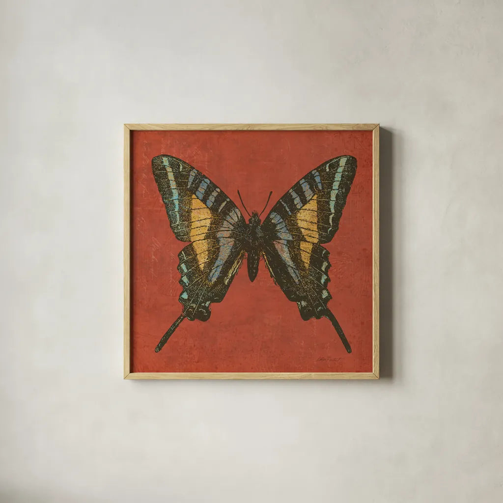 Cranberry Butterfly by Katie Pertiet. Shown in a natural wood glass frame for a timeless modern aesthetic. Available as an archival giclee rolled canvas, fine art paper, or poster print. SKU 5955a.