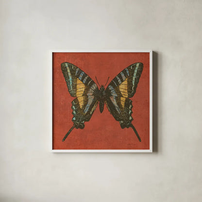 Cranberry Butterfly by Katie Pertiet. Shown in a crisp white glass frame for a clean and minimalist style. Available as an archival giclee rolled canvas, fine art paper, or poster print. SKU 5955a.