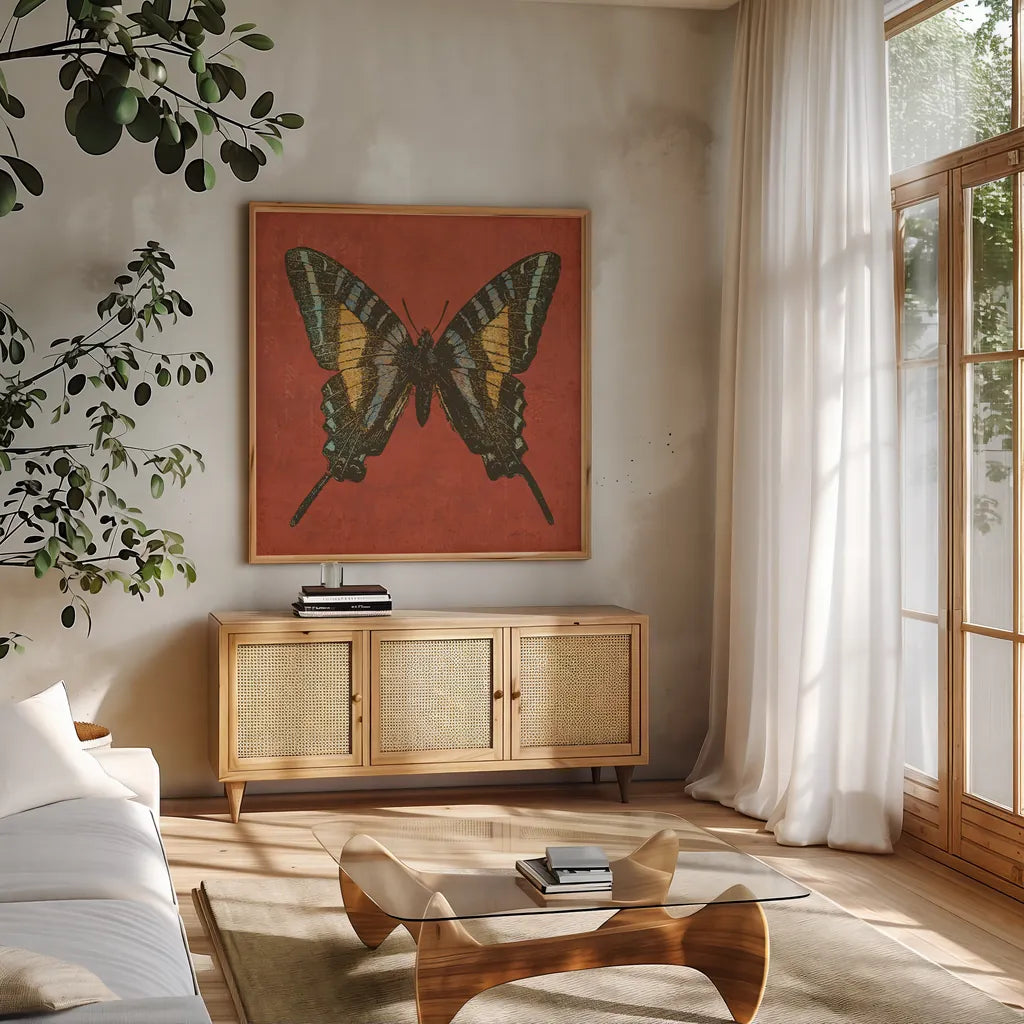 Cranberry Butterfly by Katie Pertiet. Shown in a natural wood frame in a cozy modern living room. Available as an archival giclee rolled canvas, fine art paper, or poster print. SKU 5955a.