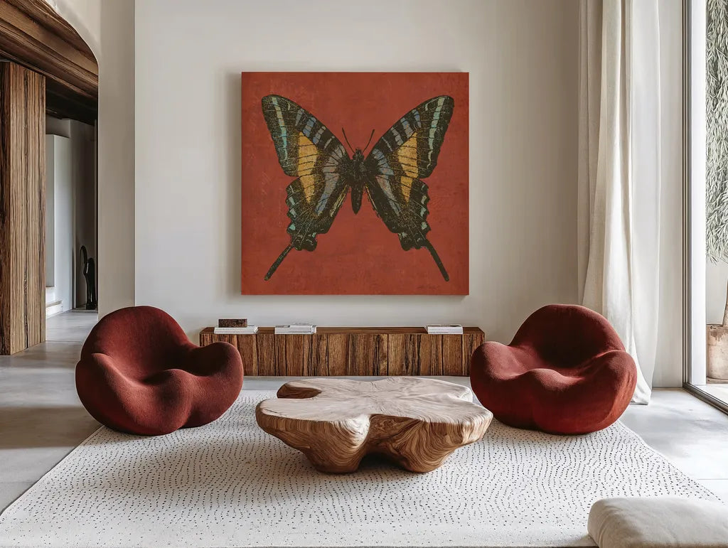 Cranberry Butterfly by Katie Pertiet. Shown as extra-large giant wall art in a modern living room. Available as an archival giclee rolled canvas, fine art paper, or poster print. SKU 5955a.