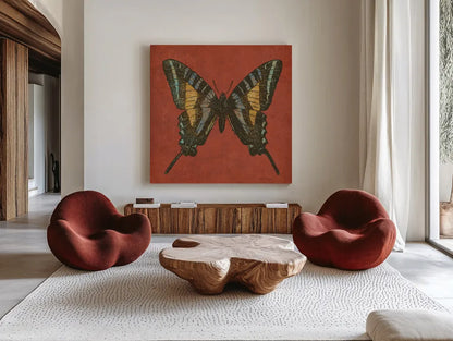 Cranberry Butterfly by Katie Pertiet. Shown as extra-large giant wall art in a modern living room. Available as an archival giclee rolled canvas, fine art paper, or poster print. SKU 5955a.