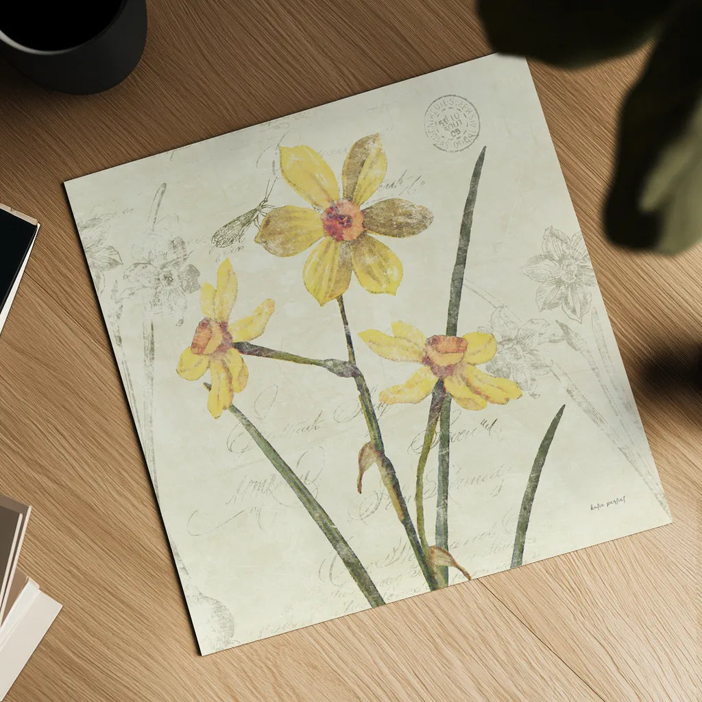 Daffodil Square by Katie Pertiet. Shown as a detailed flat fine art print, highlighting archival giclee quality. Available as an archival giclee rolled canvas, fine art paper, or poster print. SKU 5986a.