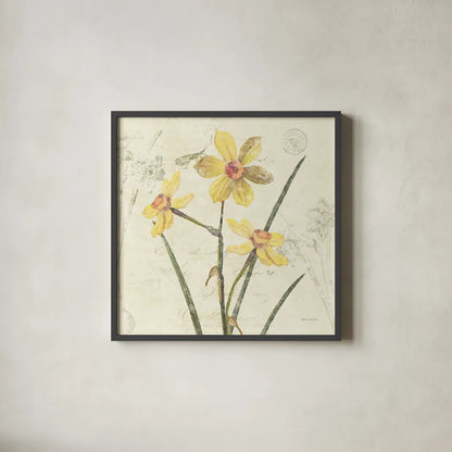 Daffodil Square by Katie Pertiet. Shown in a sleek black glass frame for a contemporary gallery look. Available as an archival giclee rolled canvas, fine art paper, or poster print. SKU 5986a.