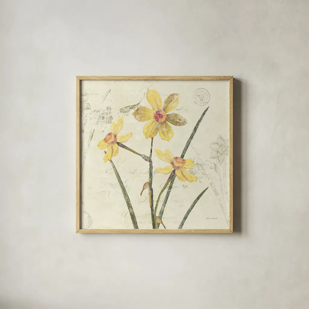 Daffodil Square by Katie Pertiet. Shown in a natural wood glass frame for a timeless modern aesthetic. Available as an archival giclee rolled canvas, fine art paper, or poster print. SKU 5986a.