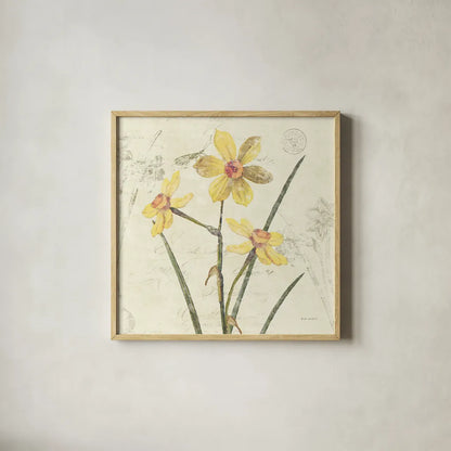 Daffodil Square by Katie Pertiet. Shown in a natural wood glass frame for a timeless modern aesthetic. Available as an archival giclee rolled canvas, fine art paper, or poster print. SKU 5986a.
