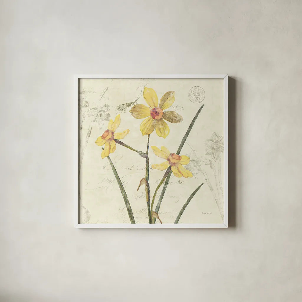 Daffodil Square by Katie Pertiet. Shown in a crisp white glass frame for a clean and minimalist style. Available as an archival giclee rolled canvas, fine art paper, or poster print. SKU 5986a.