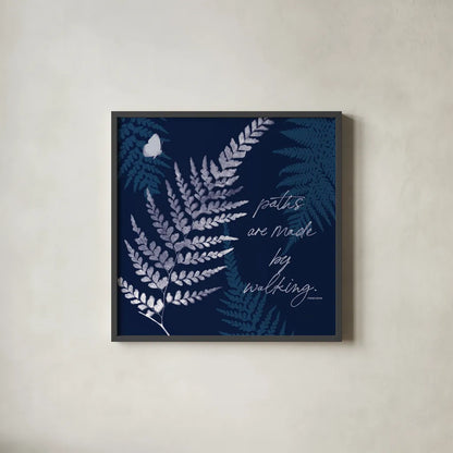 Dark True Blue III by Katie Pertiet. Shown in a sleek black glass frame for a contemporary gallery look. Available as an archival giclee rolled canvas, fine art paper, or poster print. SKU 66619a.