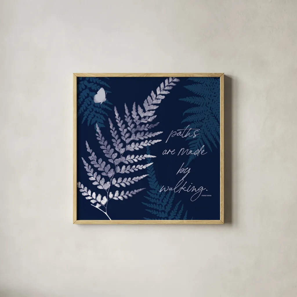 Dark True Blue III by Katie Pertiet. Shown in a natural wood glass frame for a timeless modern aesthetic. Available as an archival giclee rolled canvas, fine art paper, or poster print. SKU 66619a.