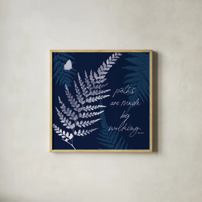 Dark True Blue III by Katie Pertiet. Shown in a natural wood glass frame for a timeless modern aesthetic. Available as an archival giclee rolled canvas, fine art paper, or poster print. SKU 66619a.