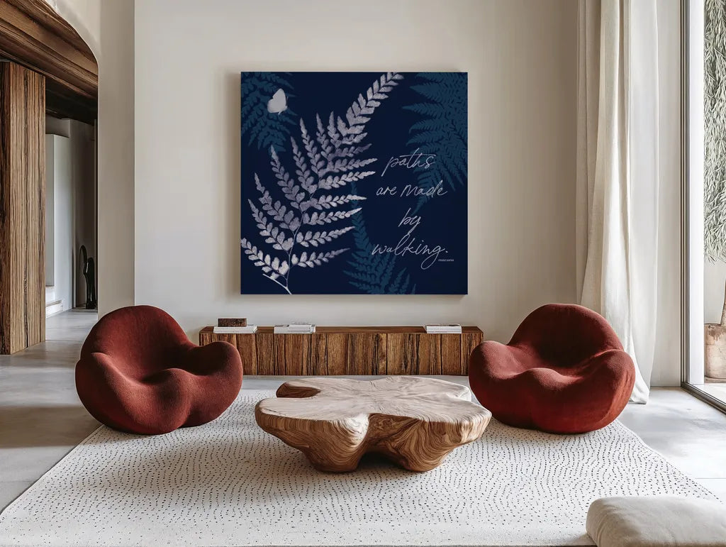 Dark True Blue III by Katie Pertiet. Shown as extra-large giant wall art in a modern living room. Available as an archival giclee rolled canvas, fine art paper, or poster print. SKU 66619a.