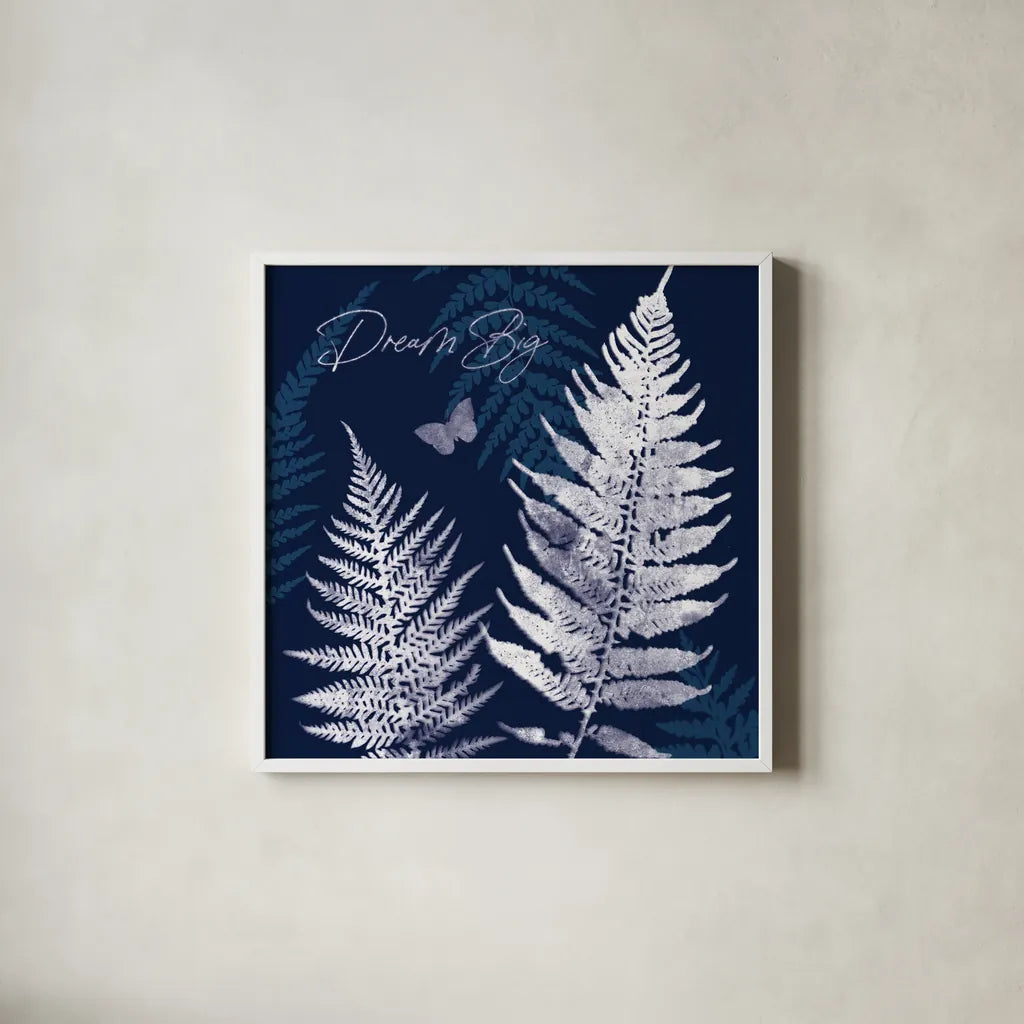 Dark True Blue VI by Katie Pertiet. Shown in a crisp white glass frame for a clean and minimalist style. Available as an archival giclee rolled canvas, fine art paper, or poster print. SKU 66620a.