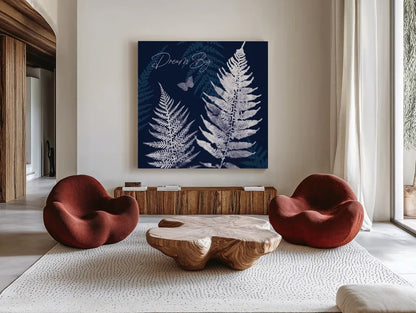 Dark True Blue VI by Katie Pertiet. Shown as extra-large giant wall art in a modern living room. Available as an archival giclee rolled canvas, fine art paper, or poster print. SKU 66620a.