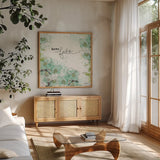 Dream and Faith II by Katie Pertiet. Shown in a natural wood frame in a cozy modern living room. Available as an archival giclee rolled canvas, fine art paper, or poster print. SKU 31816a.