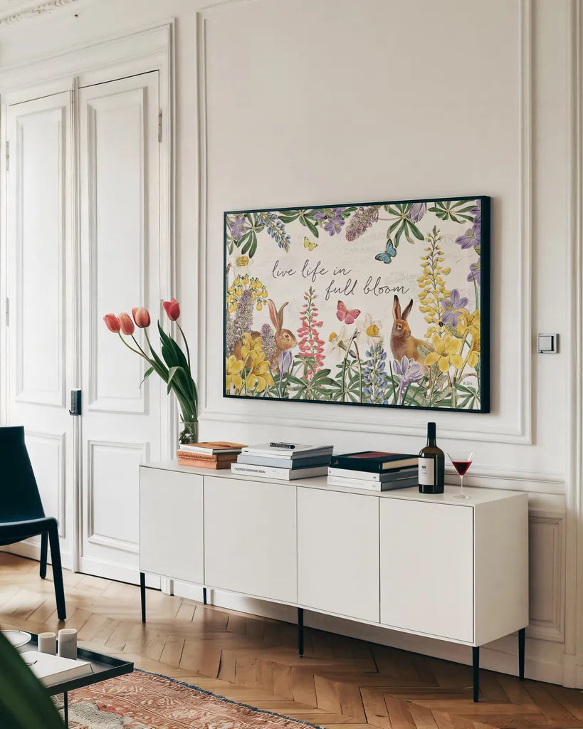 Easter Garden I by Katie Pertiet. shown as a framed stretched canvas in a living room above a console. Available as a archival giclee rolled canvas, fine art paper, or poster print. SKU 46856i.