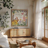 Easter Garden II by Katie Pertiet. Shown in a natural wood frame in a cozy modern living room. Available as an archival giclee rolled canvas, fine art paper, or poster print. SKU 46857a.