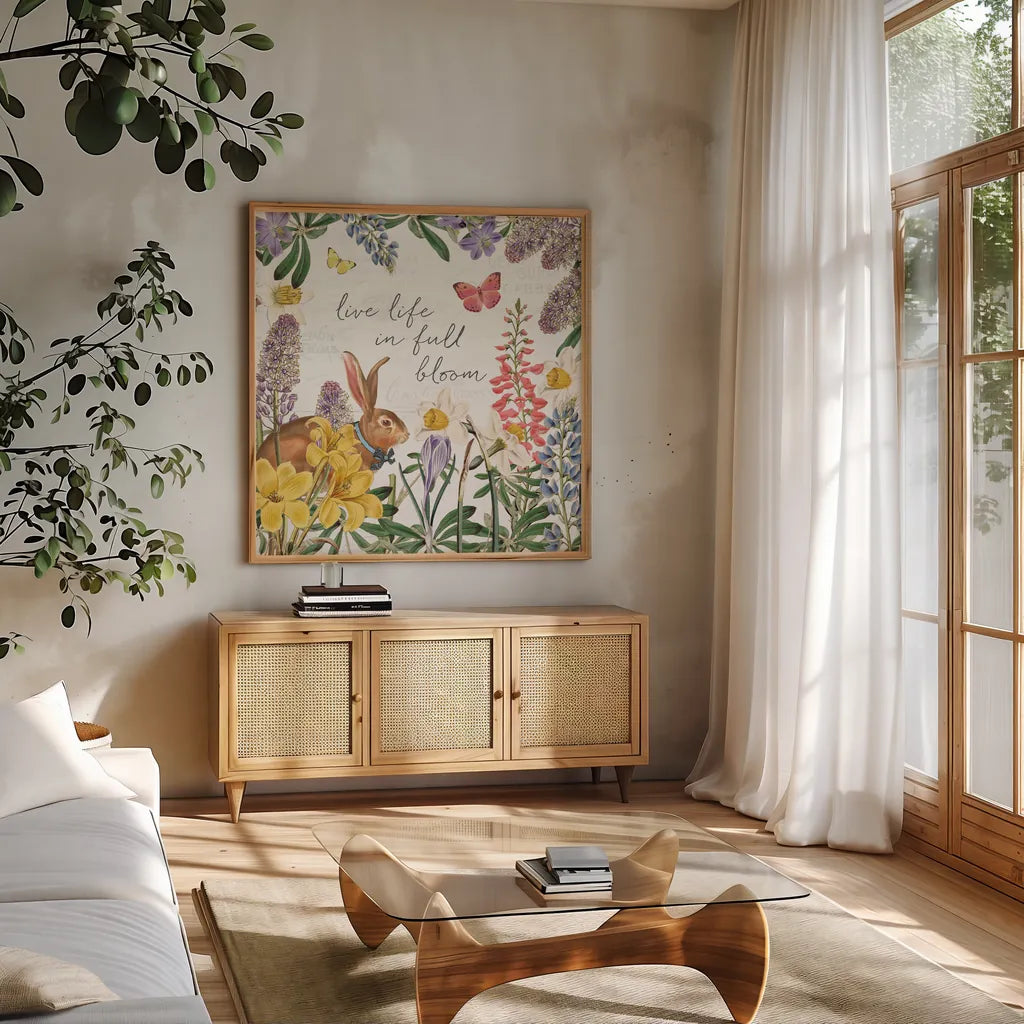 Easter Garden II Bow Tie by Katie Pertiet. Shown in a natural wood frame in a cozy modern living room. Available as an archival giclee rolled canvas, fine art paper, or poster print. SKU 59550a.