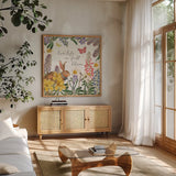 Easter Garden II Bow Tie by Katie Pertiet. Shown in a natural wood frame in a cozy modern living room. Available as an archival giclee rolled canvas, fine art paper, or poster print. SKU 59550a.