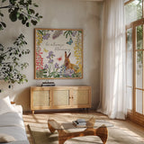 Easter Garden III by Katie Pertiet. Shown in a natural wood frame in a cozy modern living room. Available as an archival giclee rolled canvas, fine art paper, or poster print. SKU 46858a.