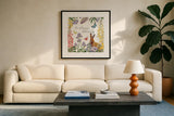 Easter Garden III by Katie Pertiet. Displayed in a glass frame with matte in a clean modern living room. Available as an archival giclee rolled canvas, fine art paper, or poster print. SKU 46858a.