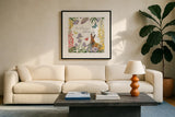 Easter Garden III Bow Tie by Katie Pertiet. Displayed in a glass frame with matte in a clean modern living room. Available as an archival giclee rolled canvas, fine art paper, or poster print. SKU 59551a.