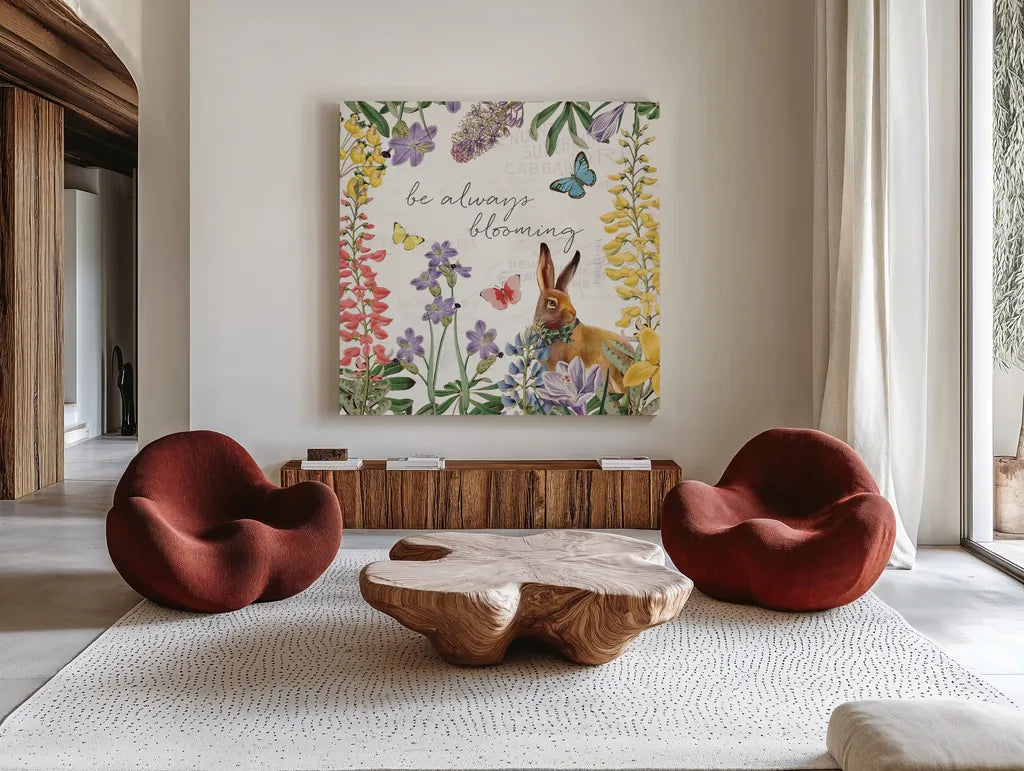 Easter Garden III Bow Tie by Katie Pertiet. Shown as extra-large giant wall art in a modern living room. Available as an archival giclee rolled canvas, fine art paper, or poster print. SKU 59551a.