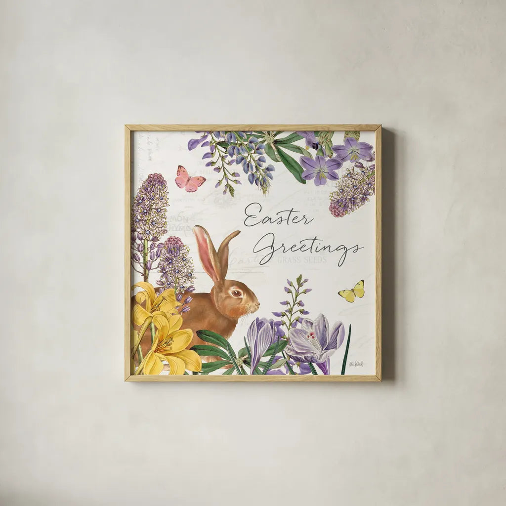 Easter Garden V by Katie Pertiet. Shown in a natural wood glass frame for a timeless modern aesthetic. Available as an archival giclee rolled canvas, fine art paper, or poster print. SKU 72537a.