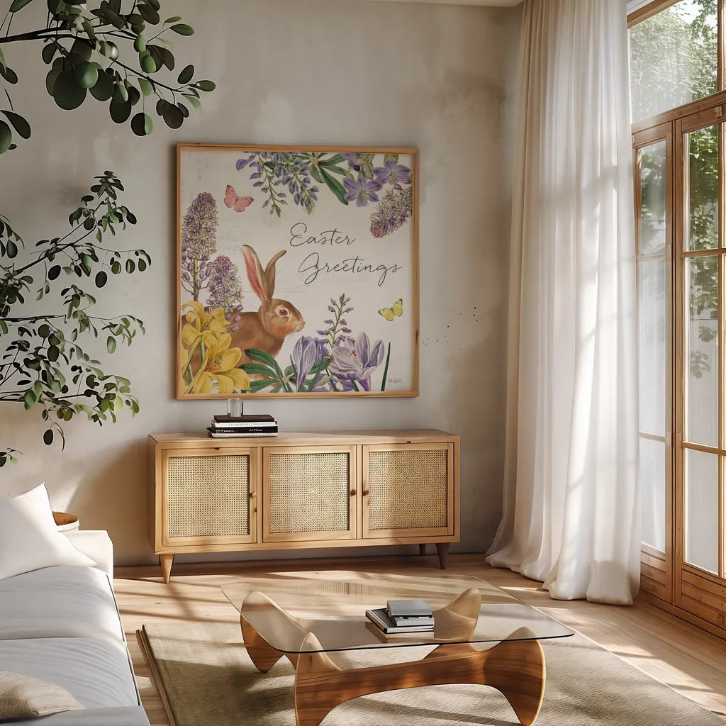 Easter Garden V by Katie Pertiet. Shown in a natural wood frame in a cozy modern living room. Available as an archival giclee rolled canvas, fine art paper, or poster print. SKU 72537a.