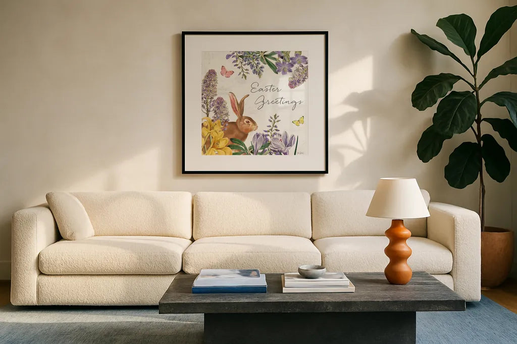 Easter Garden V by Katie Pertiet. Displayed in a glass frame with matte in a clean modern living room. Available as an archival giclee rolled canvas, fine art paper, or poster print. SKU 72537a.