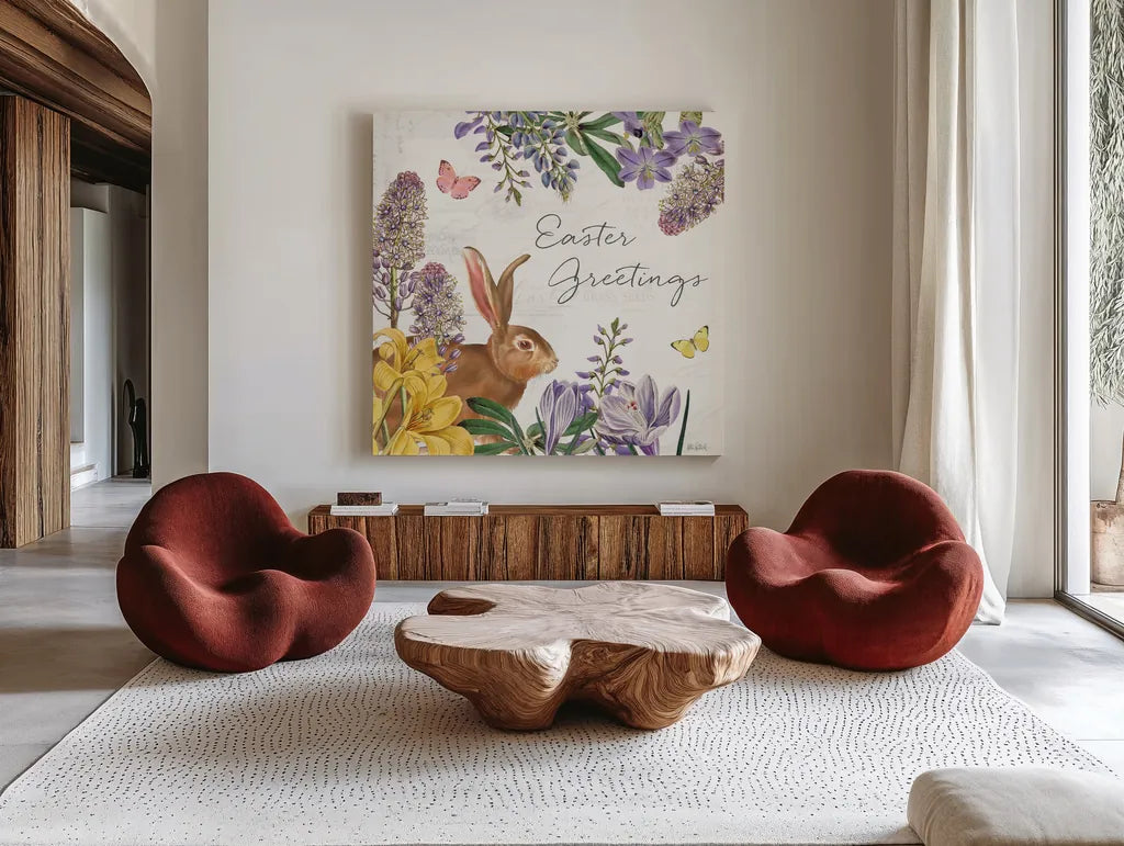 Easter Garden V by Katie Pertiet. Shown as extra-large giant wall art in a modern living room. Available as an archival giclee rolled canvas, fine art paper, or poster print. SKU 72537a.