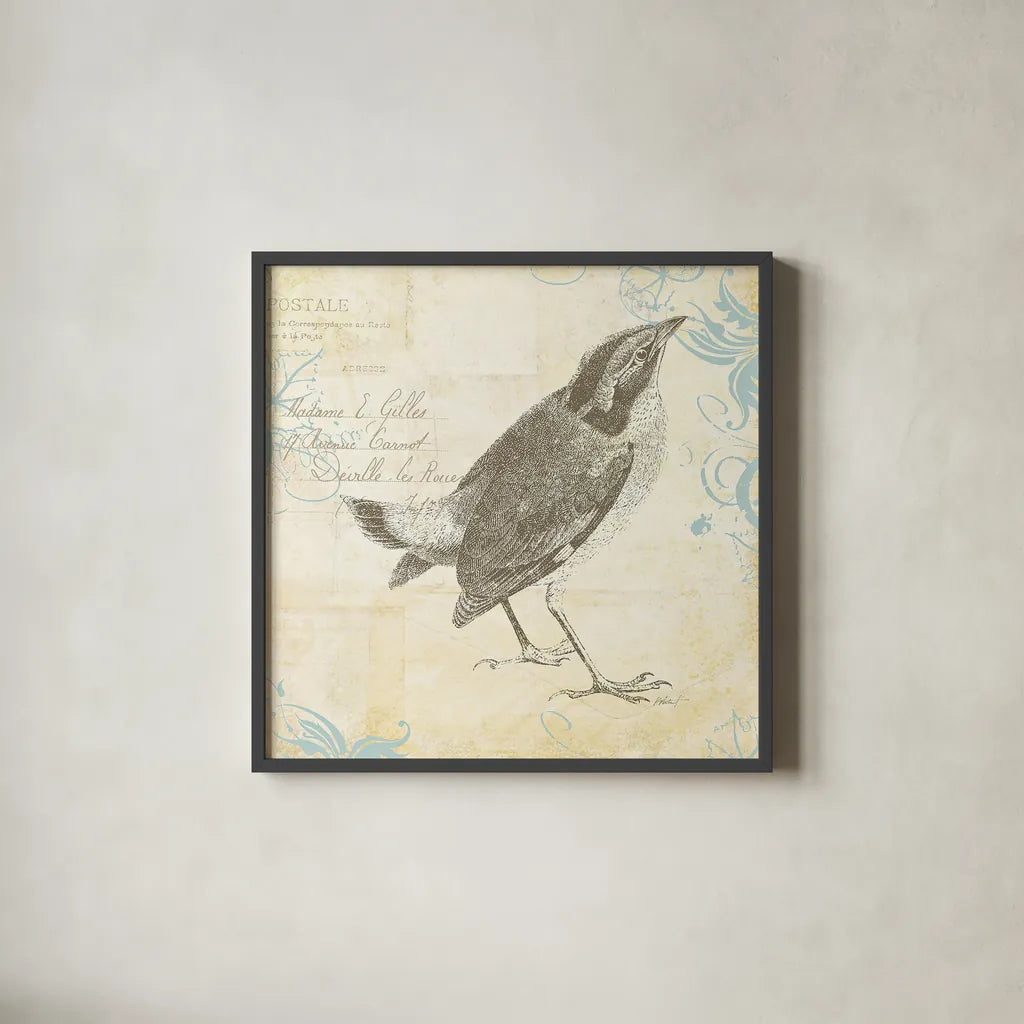 Engraved Birds I by Katie Pertiet. Shown in a sleek black glass frame for a contemporary gallery look. Available as an archival giclee rolled canvas, fine art paper, or poster print. SKU 11402a.