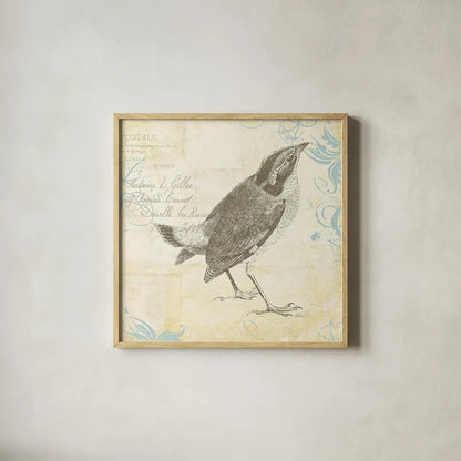 Engraved Birds I by Katie Pertiet. Shown in a natural wood glass frame for a timeless modern aesthetic. Available as an archival giclee rolled canvas, fine art paper, or poster print. SKU 11402a.