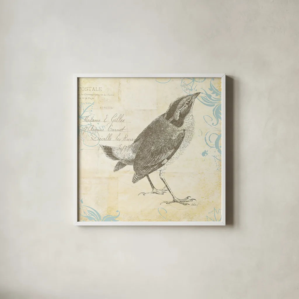 Engraved Birds I by Katie Pertiet. Shown in a crisp white glass frame for a clean and minimalist style. Available as an archival giclee rolled canvas, fine art paper, or poster print. SKU 11402a.