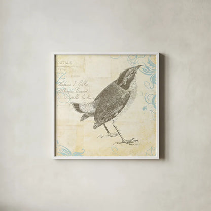 Engraved Birds I by Katie Pertiet. Shown in a crisp white glass frame for a clean and minimalist style. Available as an archival giclee rolled canvas, fine art paper, or poster print. SKU 11402a.