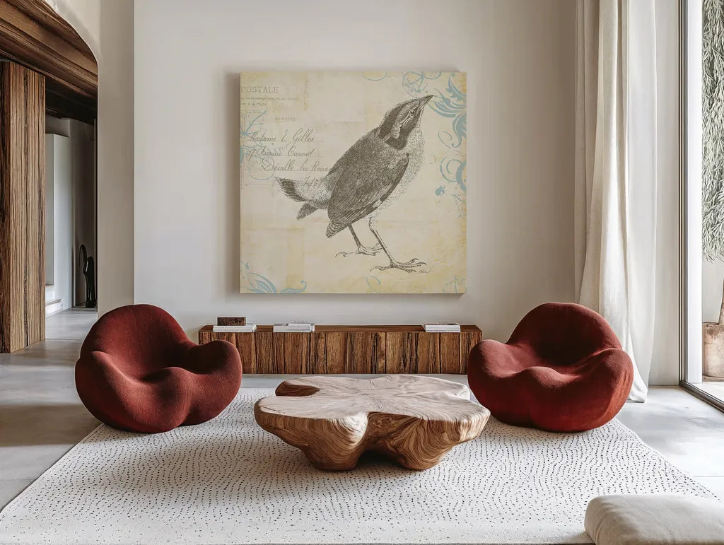 Engraved Birds I by Katie Pertiet. Shown as extra-large giant wall art in a modern living room. Available as an archival giclee rolled canvas, fine art paper, or poster print. SKU 11402a.