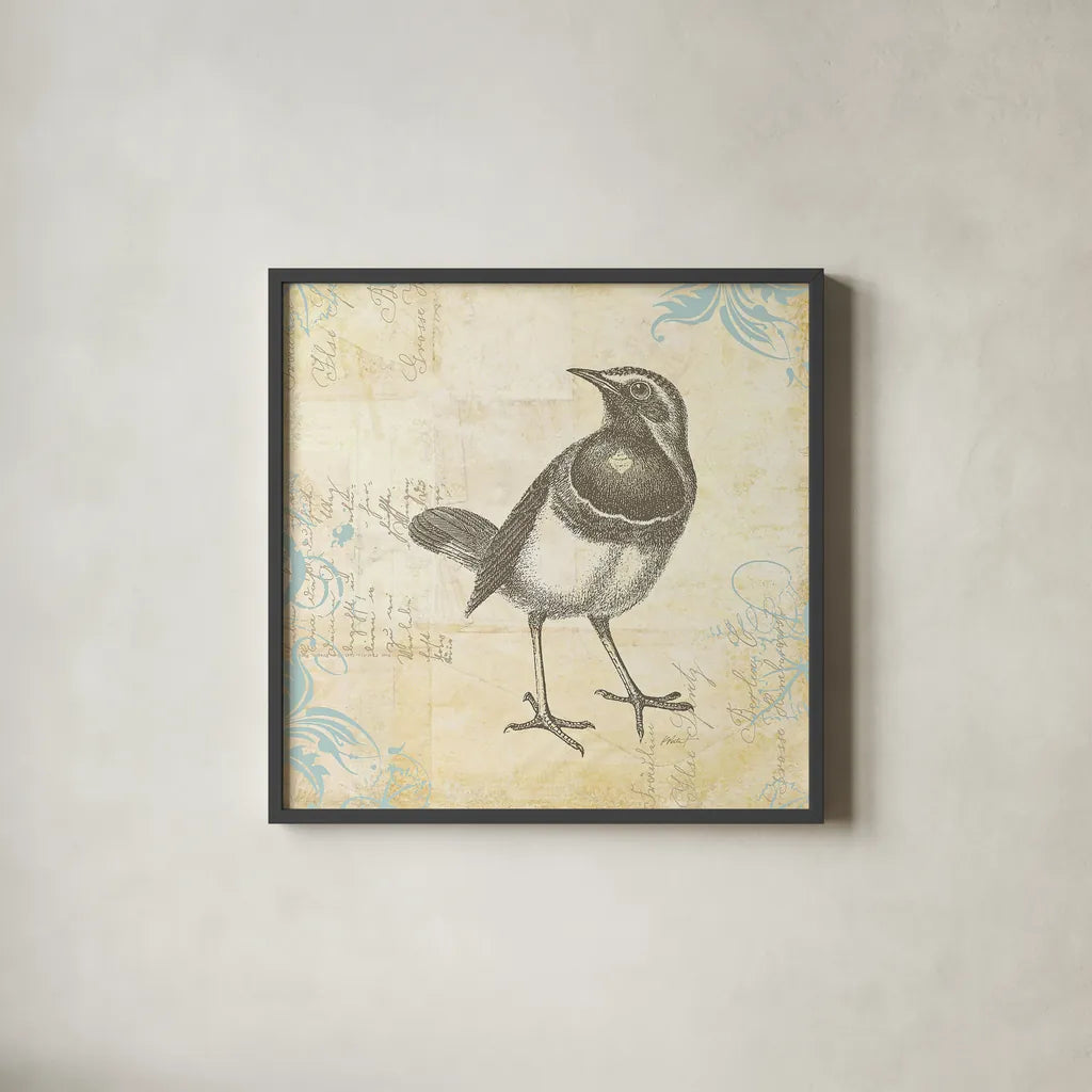 Engraved Birds II by Katie Pertiet. Shown in a sleek black glass frame for a contemporary gallery look. Available as an archival giclee rolled canvas, fine art paper, or poster print. SKU 11403a.