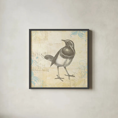 Engraved Birds II by Katie Pertiet. Shown in a sleek black glass frame for a contemporary gallery look. Available as an archival giclee rolled canvas, fine art paper, or poster print. SKU 11403a.