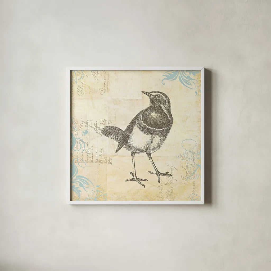 Engraved Birds II by Katie Pertiet. Shown in a crisp white glass frame for a clean and minimalist style. Available as an archival giclee rolled canvas, fine art paper, or poster print. SKU 11403a.