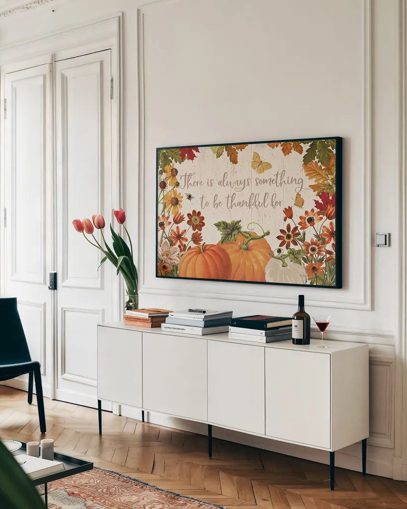 Fall Garden I by Katie Pertiet. shown as a framed stretched canvas in a living room above a console. Available as a archival giclee rolled canvas, fine art paper, or poster print. SKU 46292i.