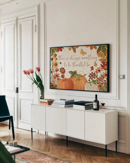 Fall Garden I by Katie Pertiet. shown as a framed stretched canvas in a living room above a console. Available as a archival giclee rolled canvas, fine art paper, or poster print. SKU 46292i.