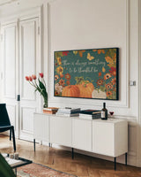 Fall Garden I Teal by Katie Pertiet. shown as a framed stretched canvas in a living room above a console. Available as a archival giclee rolled canvas, fine art paper, or poster print. SKU 46297i.