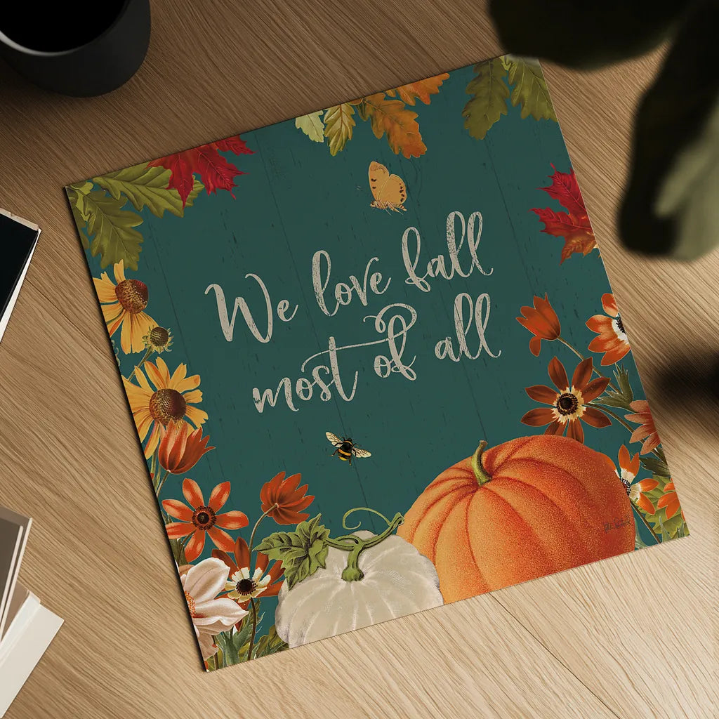 Fall Garden II Teal by Katie Pertiet. Shown as a detailed flat fine art print, highlighting archival giclee quality. Available as an archival giclee rolled canvas, fine art paper, or poster print. SKU 46298a.