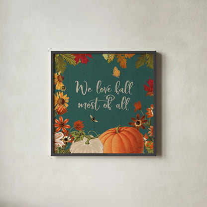 Fall Garden II Teal by Katie Pertiet. Shown in a sleek black glass frame for a contemporary gallery look. Available as an archival giclee rolled canvas, fine art paper, or poster print. SKU 46298a.