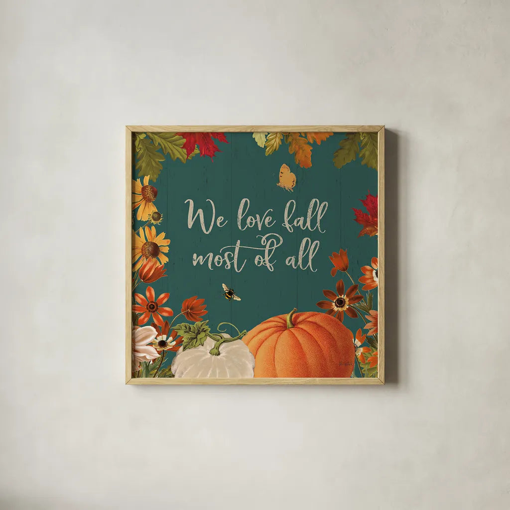 Fall Garden II Teal by Katie Pertiet. Shown in a natural wood glass frame for a timeless modern aesthetic. Available as an archival giclee rolled canvas, fine art paper, or poster print. SKU 46298a.