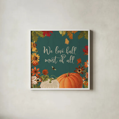 Fall Garden II Teal by Katie Pertiet. Shown in a crisp white glass frame for a clean and minimalist style. Available as an archival giclee rolled canvas, fine art paper, or poster print. SKU 46298a.