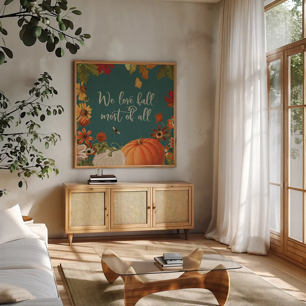 Fall Garden II Teal by Katie Pertiet. Shown in a natural wood frame in a cozy modern living room. Available as an archival giclee rolled canvas, fine art paper, or poster print. SKU 46298a.