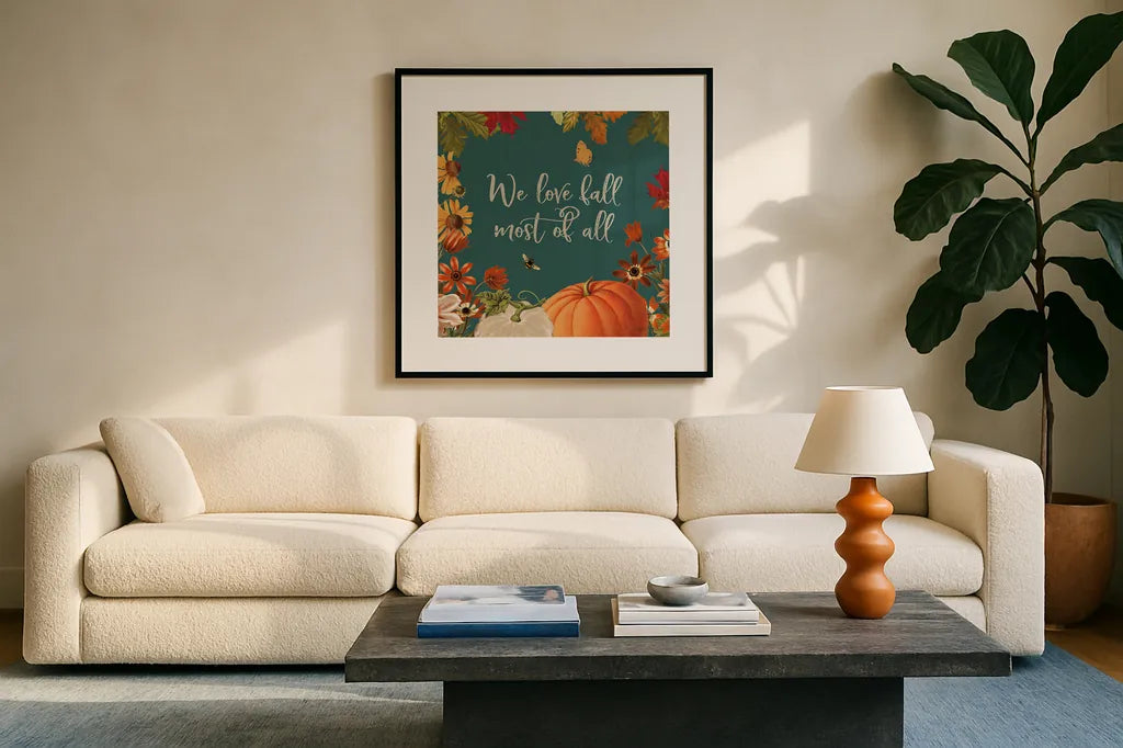 Fall Garden II Teal by Katie Pertiet. Displayed in a glass frame with matte in a clean modern living room. Available as an archival giclee rolled canvas, fine art paper, or poster print. SKU 46298a.