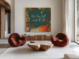 Fall Garden II Teal by Katie Pertiet. Shown as extra-large giant wall art in a modern living room. Available as an archival giclee rolled canvas, fine art paper, or poster print. SKU 46298a.