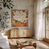 Fall Garden III by Katie Pertiet. Shown in a natural wood frame in a cozy modern living room. Available as an archival giclee rolled canvas, fine art paper, or poster print. SKU 46294a.