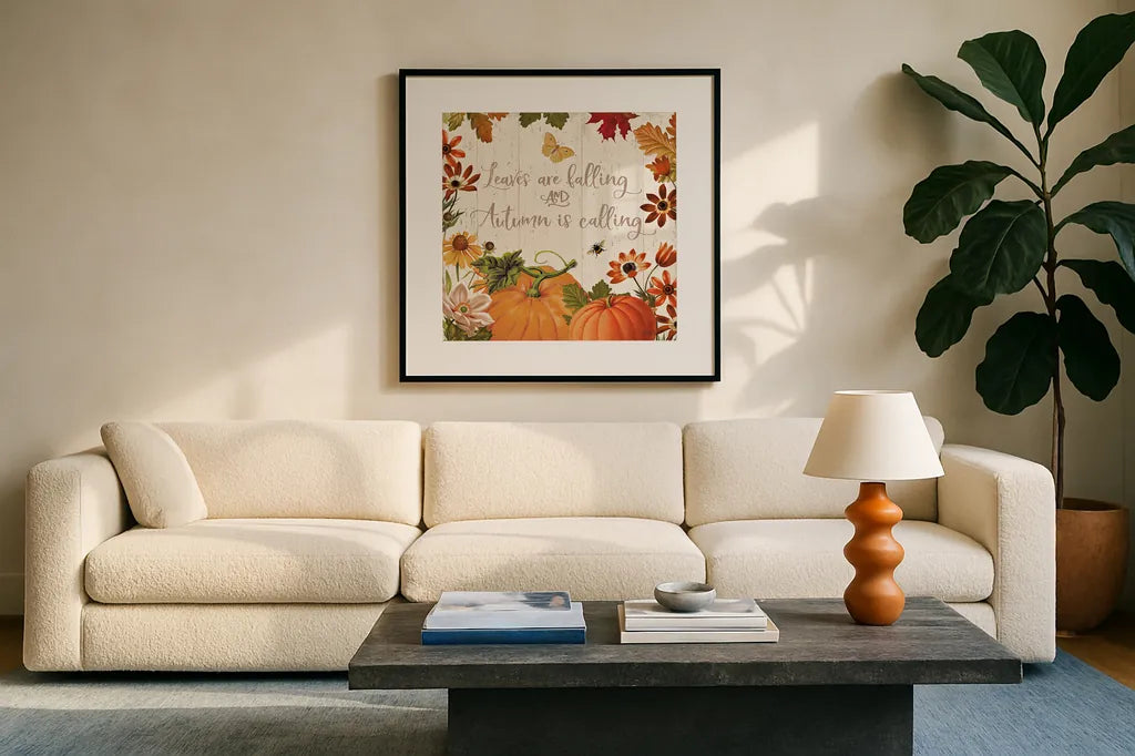 Fall Garden III by Katie Pertiet. Displayed in a glass frame with matte in a clean modern living room. Available as an archival giclee rolled canvas, fine art paper, or poster print. SKU 46294a.